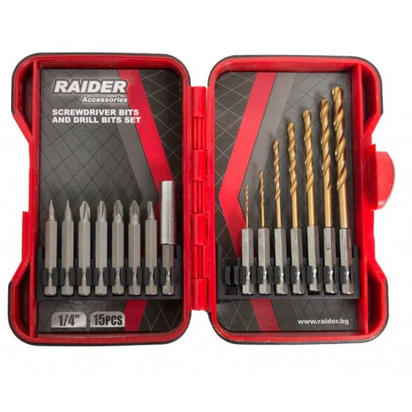 Накрайници и свредла 1/4" 15 бр. К-т RAIDER